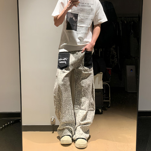 Dhss豹纹多口袋工装牛仔裤