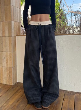 hope88美式假两件格子裤男女款夏季oversize裤子慵懒垂感休闲裤
