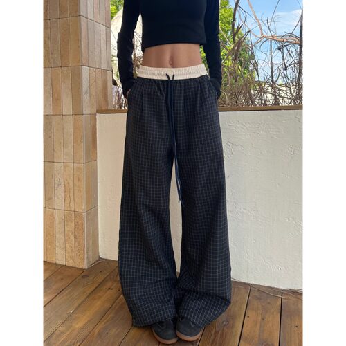 美式复古假两件格子裤男女