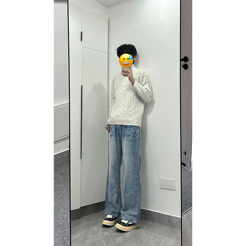 Seacc蓝色爆裂闪电纹牛仔裤男直筒美式vibe风裤子高街痞帅微喇裤