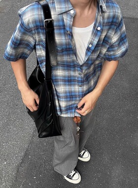 Gideon N蓝色磨毛格子衬衫短袖男夏季美式重磅格纹衬衣设计感寸衫