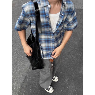 Gideon N蓝色磨毛格子衬衫短袖男夏季美式重磅格纹衬衣设计感寸衫