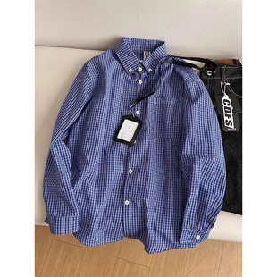 高智感蓝色小格子衬衫长袖男春季miu系格纹衬衣慵懒宽松叠穿寸衫