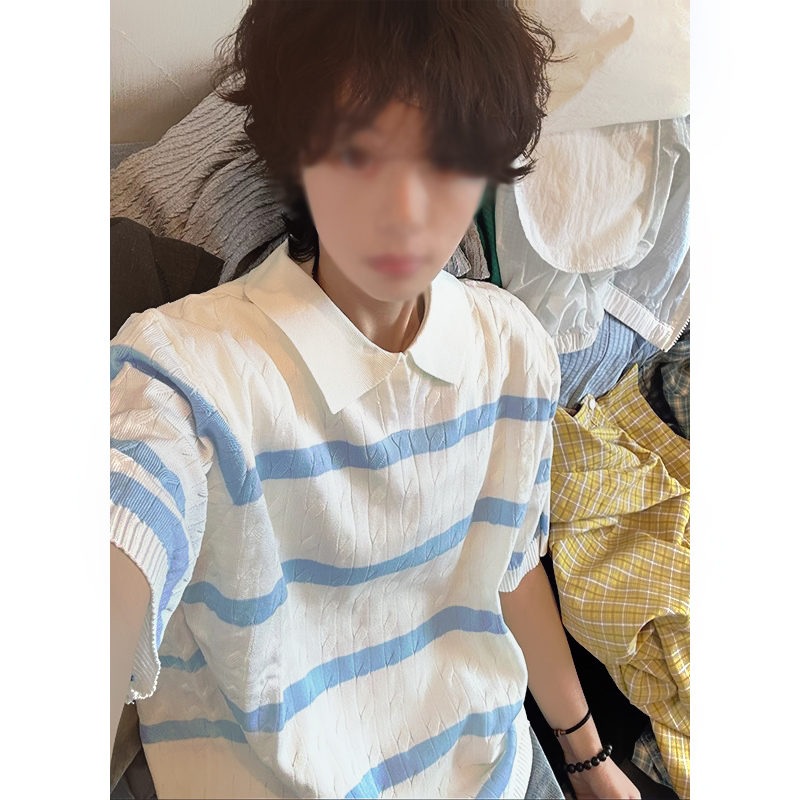 高知感蓝白条纹polo衫短袖