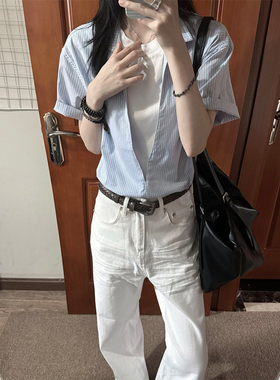 浅蓝色条纹半开领衬衫短袖男款夏季cleanfit假两件衬衣高级感寸衫