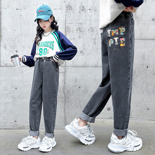 宽松洋气炸街中大童女孩直筒裤 儿童老爹裤 春秋2023新款 女童牛仔裤