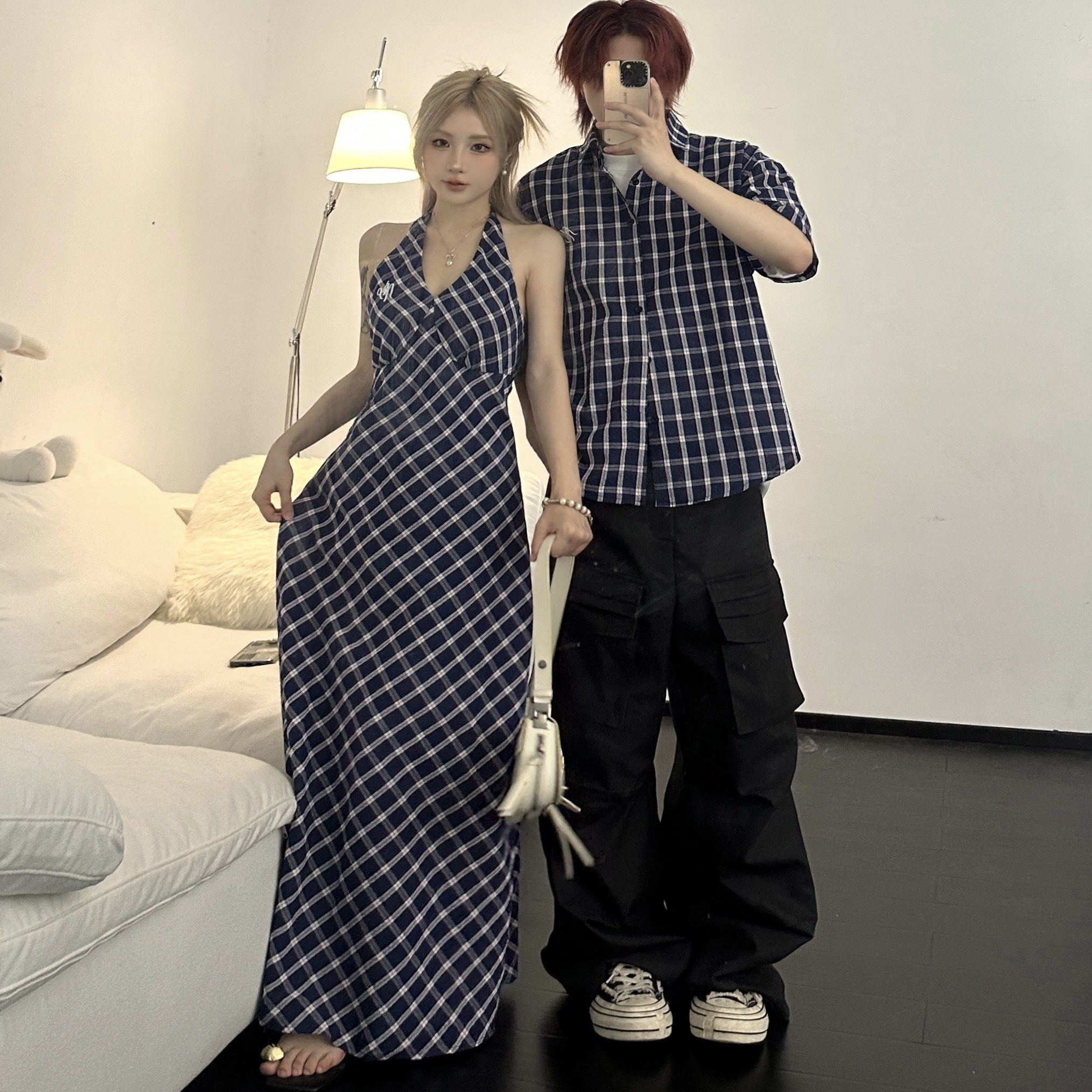 小众设计感情侣装夏季2025韩版短袖衬衫男女连衣裙法式一裙一衣潮