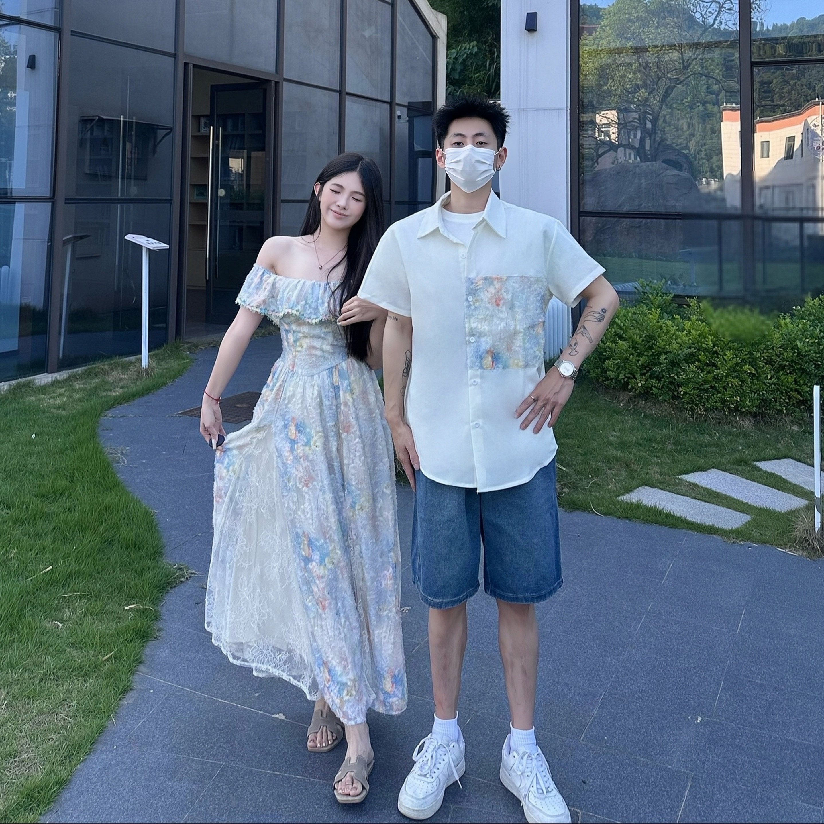 小众设计感情侣装夏季2025韩版短袖衬衫男女连衣裙法式一裙一衣潮