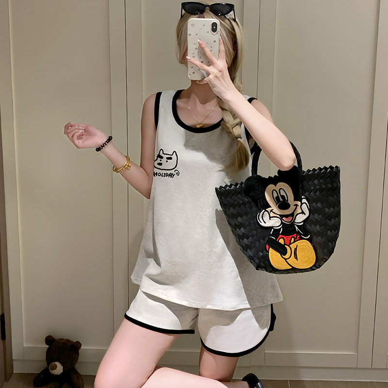 夏季新款休闲纯棉卡通圆领套头甜美可爱女款背心家居服套装