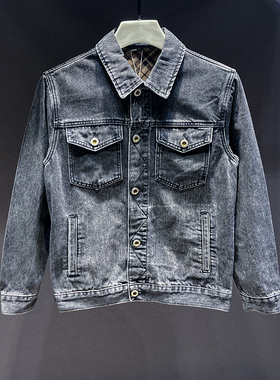 黑灰色牛仔夹克男秋冬2025新款复古翻领修身简约百搭水洗工装外套