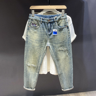 高端潮牌刺绣牛仔裤男款时尚百搭修身小脚裤青年休闲弹力九分裤子