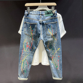 潮牌泼墨设计弹力小脚裤 潮流百搭油漆牛仔裤 裤 时尚 男韩版 帅气修身