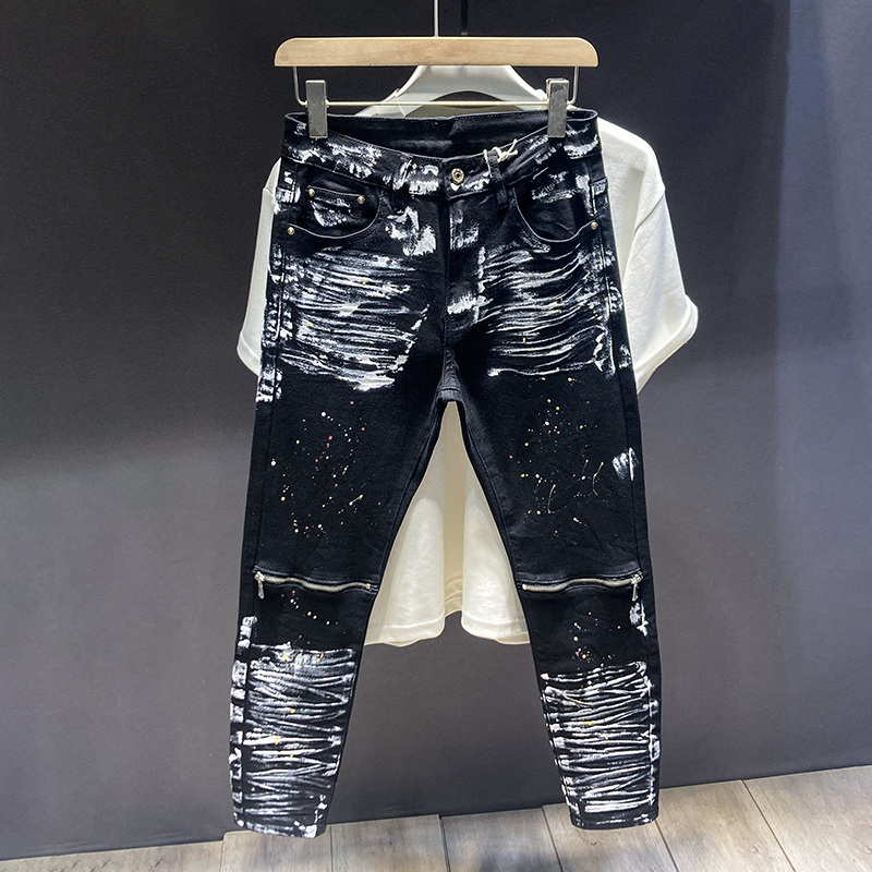 黑色高街美式机车牛仔裤男潮牌拼接痞帅2025新款弹力修身小脚长裤