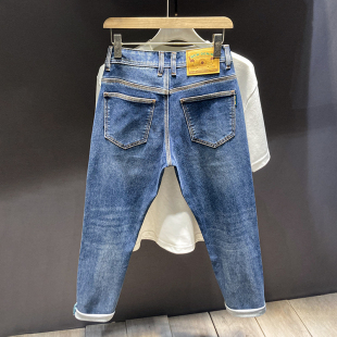 潮牌舒适小脚潮流斜纹刺绣长裤 男九分韩版 牛仔裤 弹力水洗蓝色修身