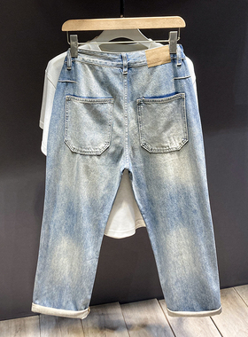 秋冬款浅蓝色牛仔裤男潮牌拼接复古水洗宽松直筒裤美式痞帅弯刀裤