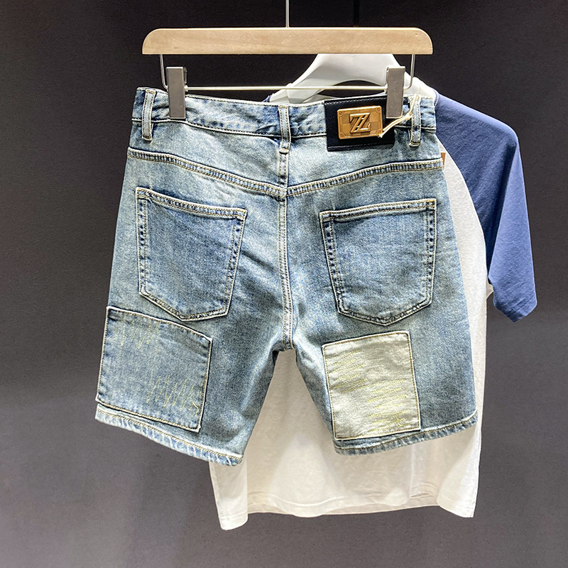 2024夏季新款男士牛仔短裤破洞贴布刺绣五分裤潮牌痞帅小脚中裤男