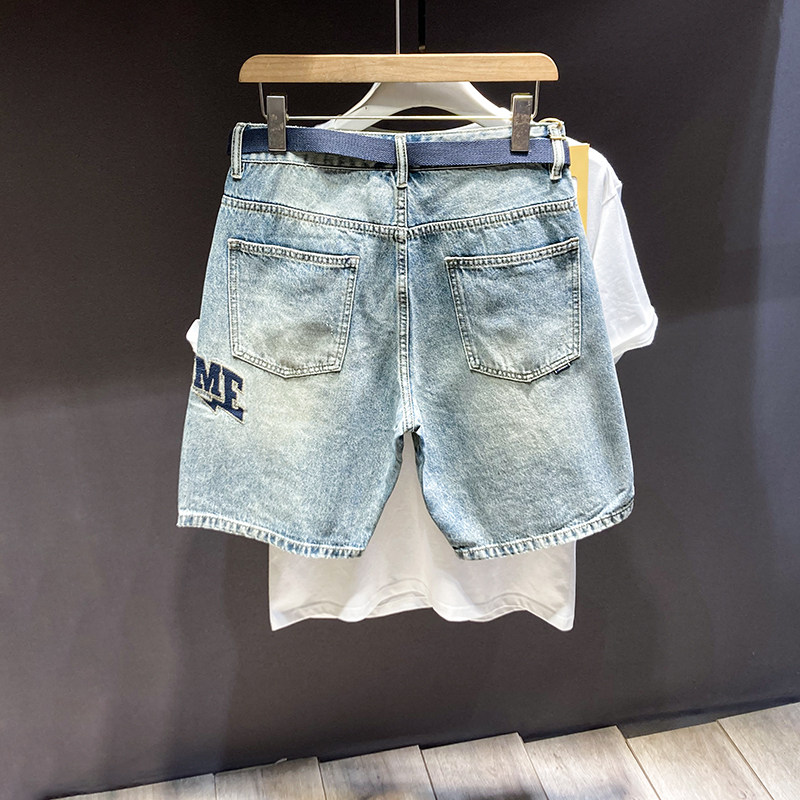 美式破洞刺绣牛仔短裤男修身直筒水洗做旧潮流百搭运动休闲五分裤