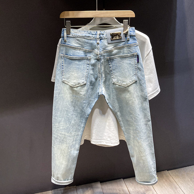浅色牛仔裤男士韩版潮流修身弹力小脚裤简约磨白青年百搭春秋长裤