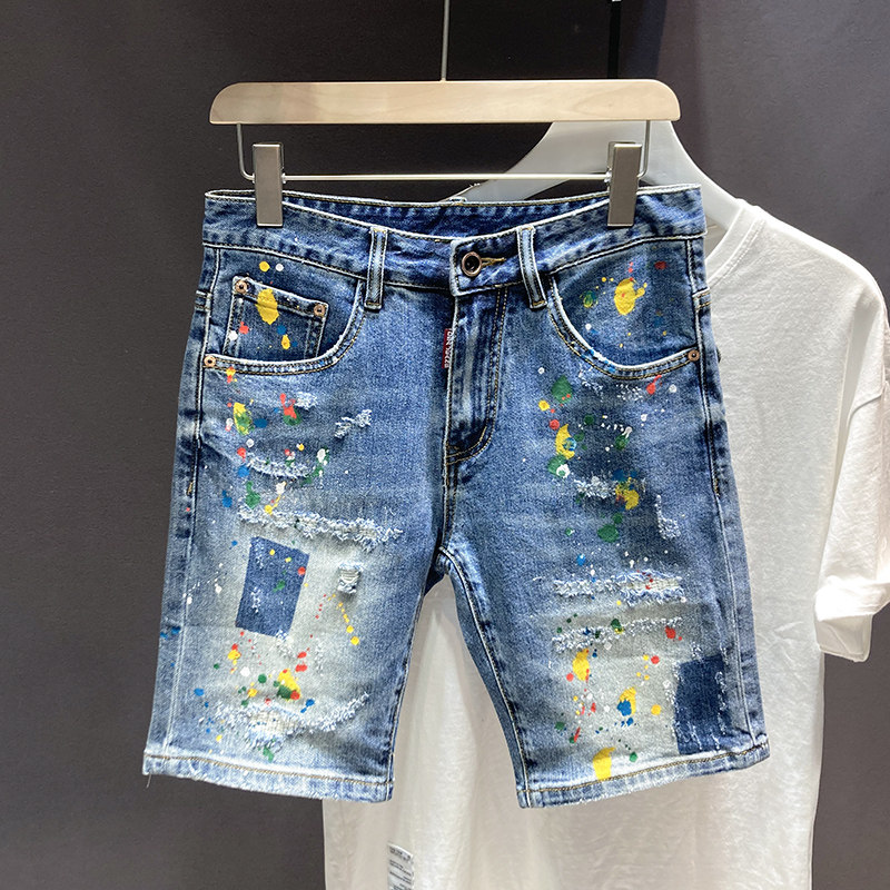 潮牌ins高端破洞五分牛仔短裤男潮流修身补丁中裤时尚泼墨马裤男