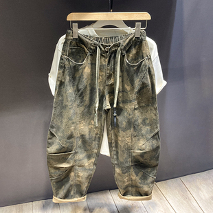 男 迷彩水洗松紧腰宽松直筒休闲弯刀裤 高街潮牌阔腿牛仔裤 男拼接款