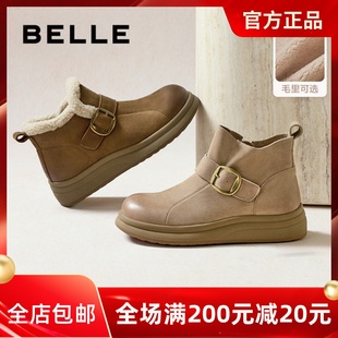 头擦色牛皮休闲厚底短靴E5D1DDD5 女靴复古鞋 专柜正品 百丽2025冬款