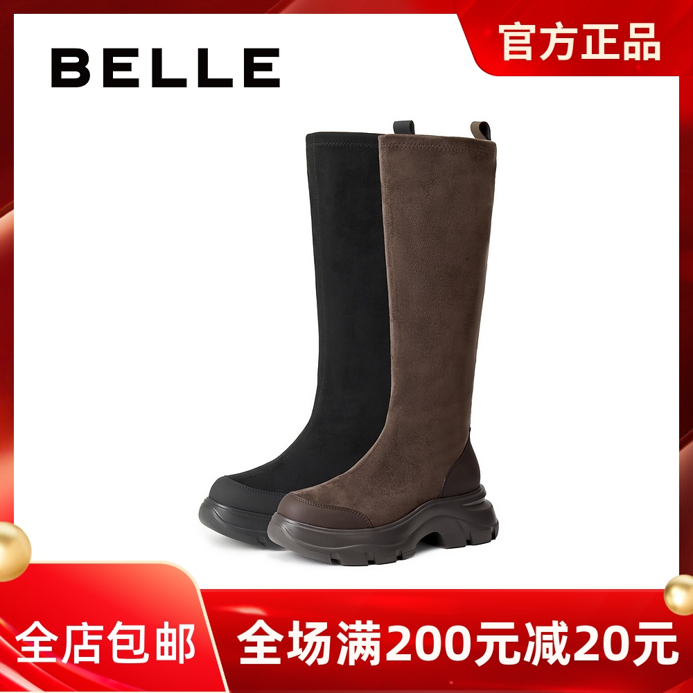 专柜正品百丽2025冬款复古女靴厚底弹力高长筒显瘦瘦靴子E4V1DDG5