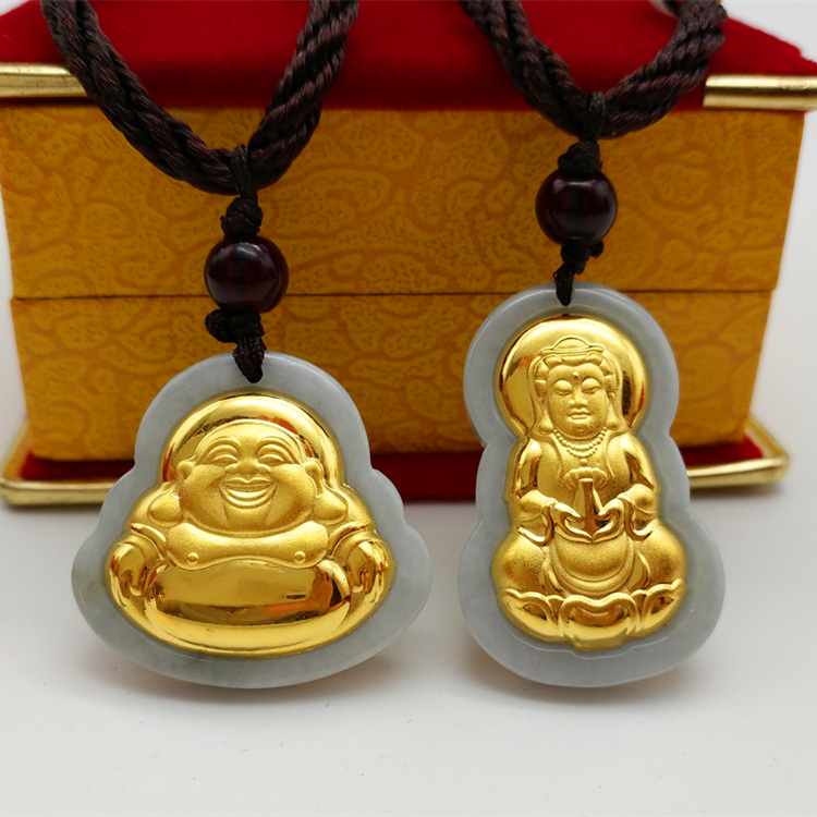 Jade gold inlaid Guanyin Buddha Pendant inlaid pendant Lovers Necklace Maitreya Buddha jade pendant activity gift