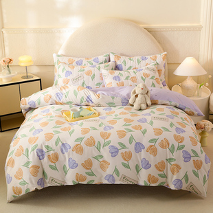 全棉加厚夹棉1米2床笠款三件套一米五床1米5床田园风郁金香四件套
