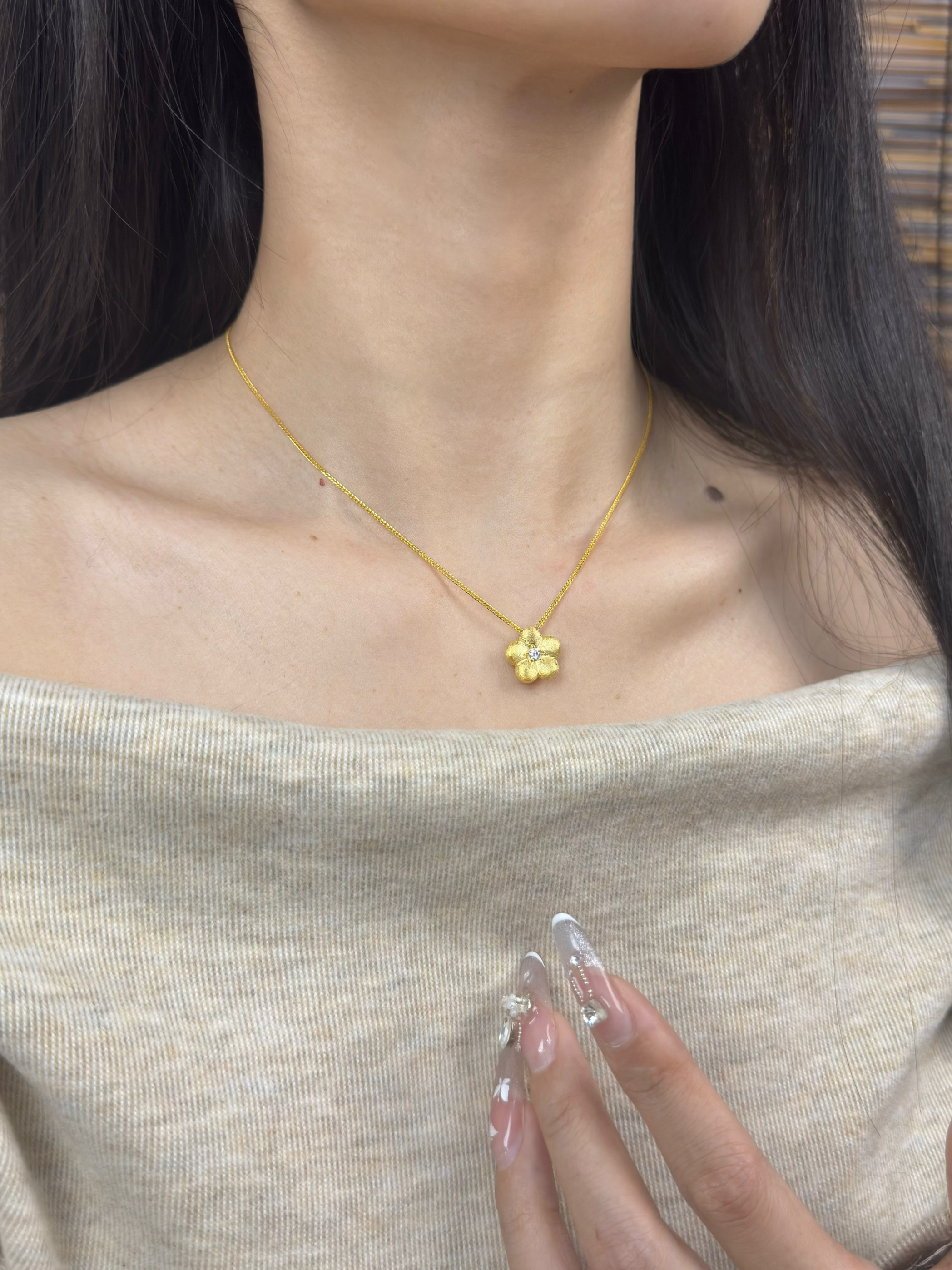 兮语「金枝」s925纯银项链女新中式古法描金小金花锁骨链颈链
