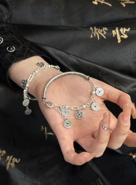 足银999.9新中式半镯半链女五帝钱吉言开口银镯子手链情侣款