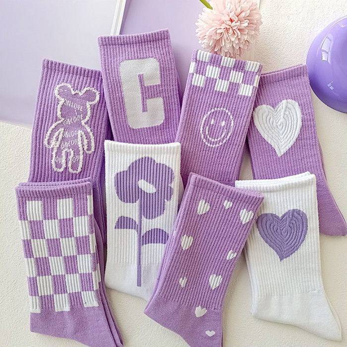 袜子女运动中筒袜紫色长筒袜百搭秋冬高弹不掉跟甜美少女学生袜子
