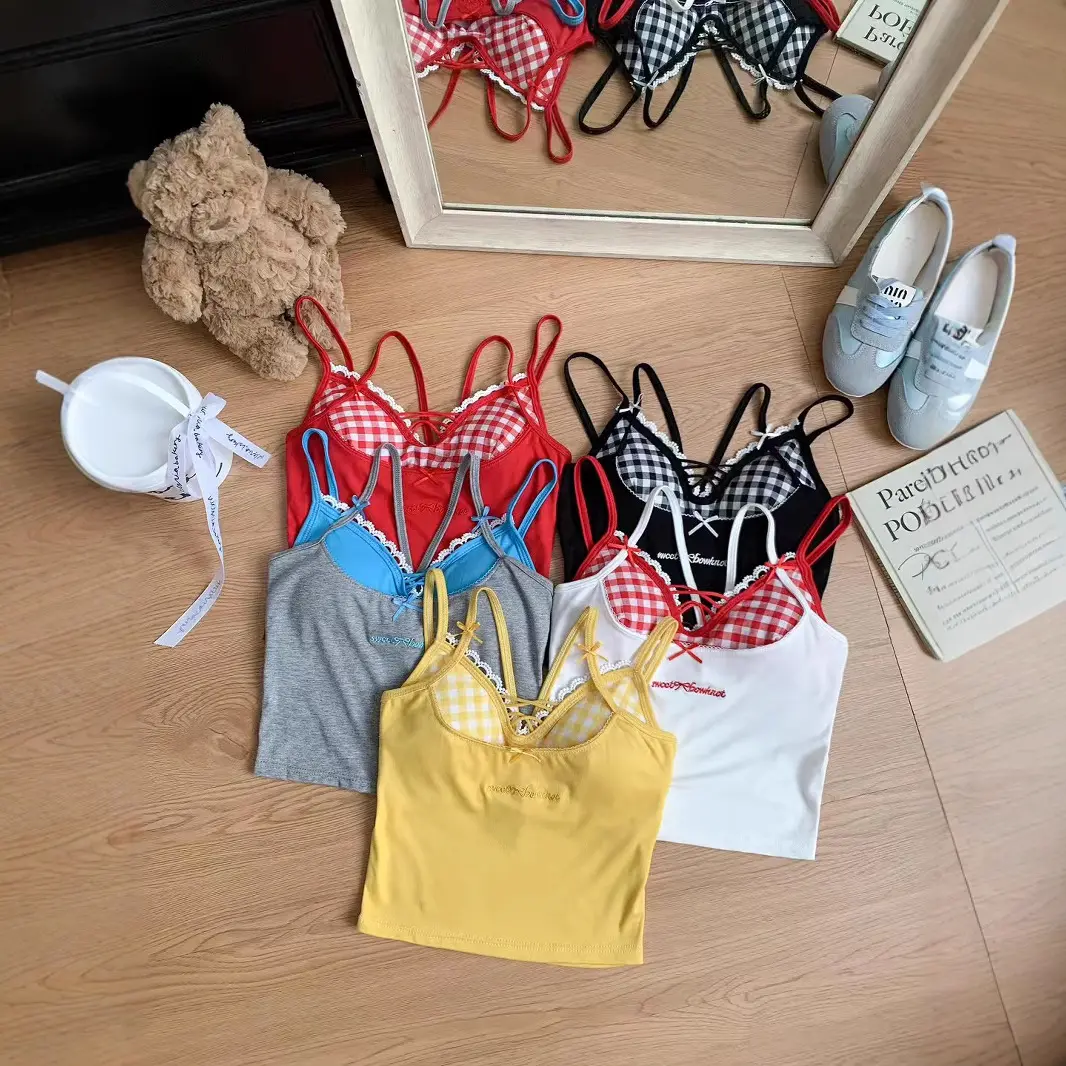 假两件套设计感格子辣妹性感吊带背心纯欲风小众刺绣修身上衣女