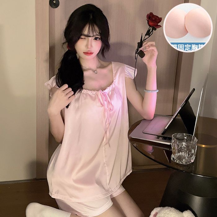2025新款睡衣女款夏季冰丝绸带胸垫吊带背心短裤蝴蝶结家居服套装