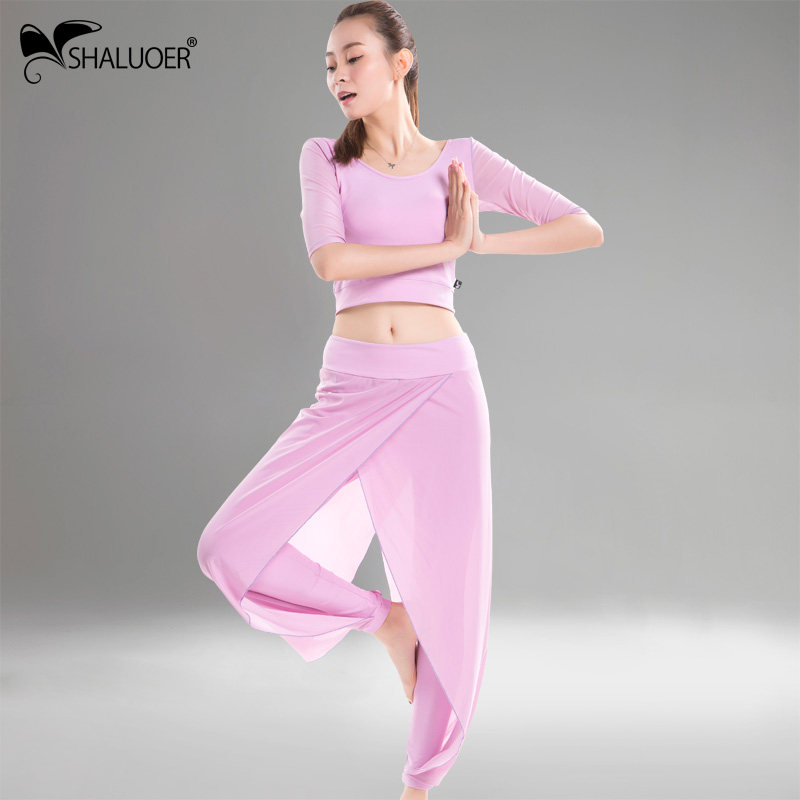 沙洛尔正品秋季款短袖瑜伽服健身房运动健身服女长裤两件套包邮