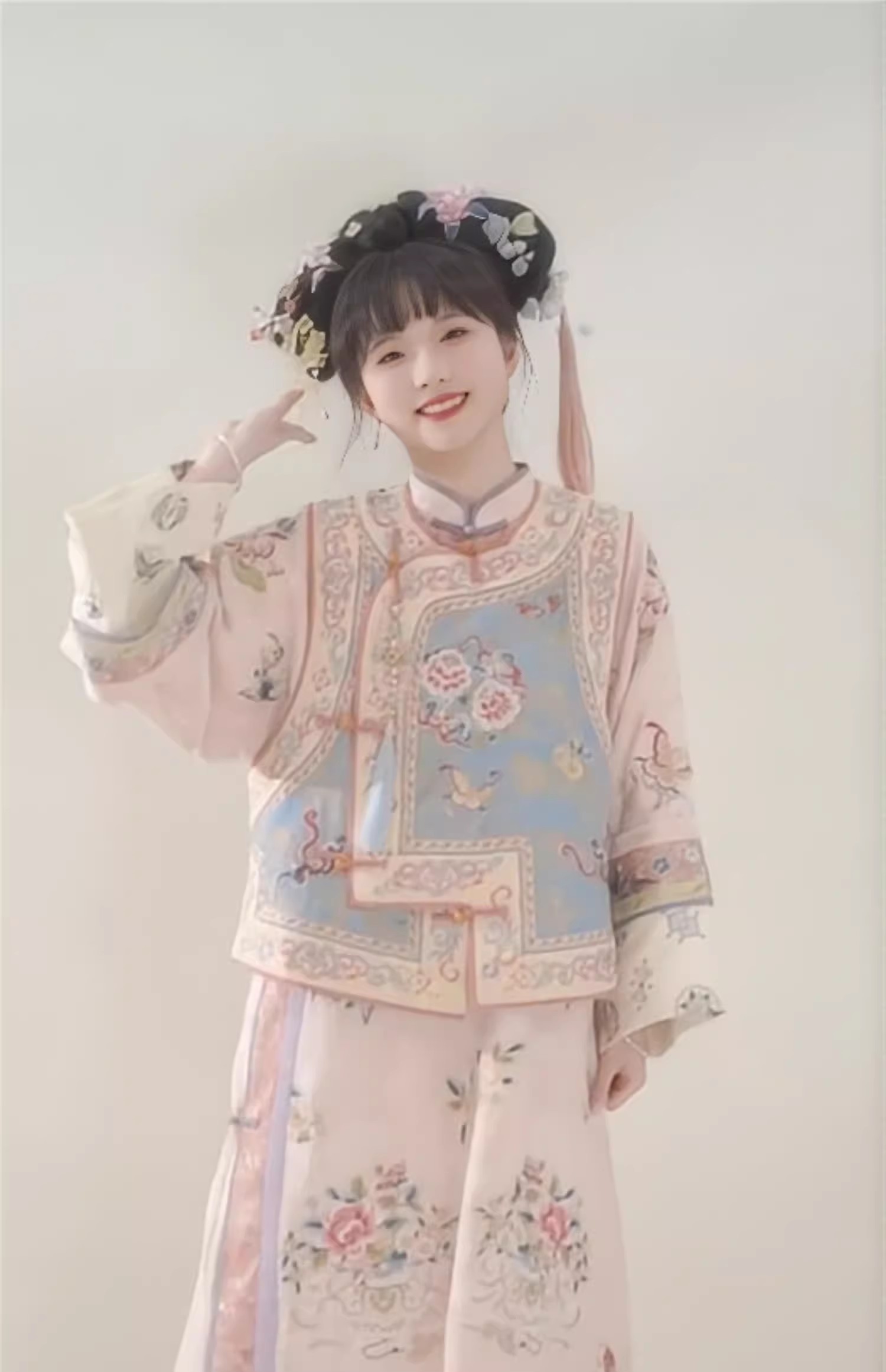 印花古装马甲氅衣旗装两件套女