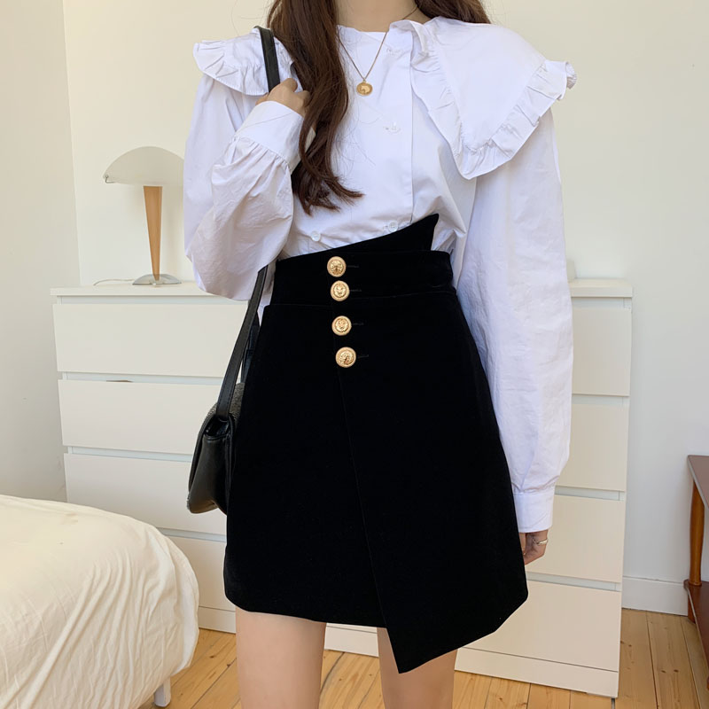 Real price irregular breasted high waist small black skirt hip skirt fashionable skirt short skirt autumn winter