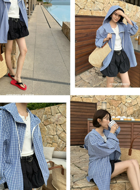 春上新！韩版宽松印花格子长袖连帽休闲短外套96106# XJ