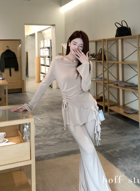 慵懒感针织荡领抽绳小衫+屁帘显瘦喇叭裤套装  97070#  LKZ