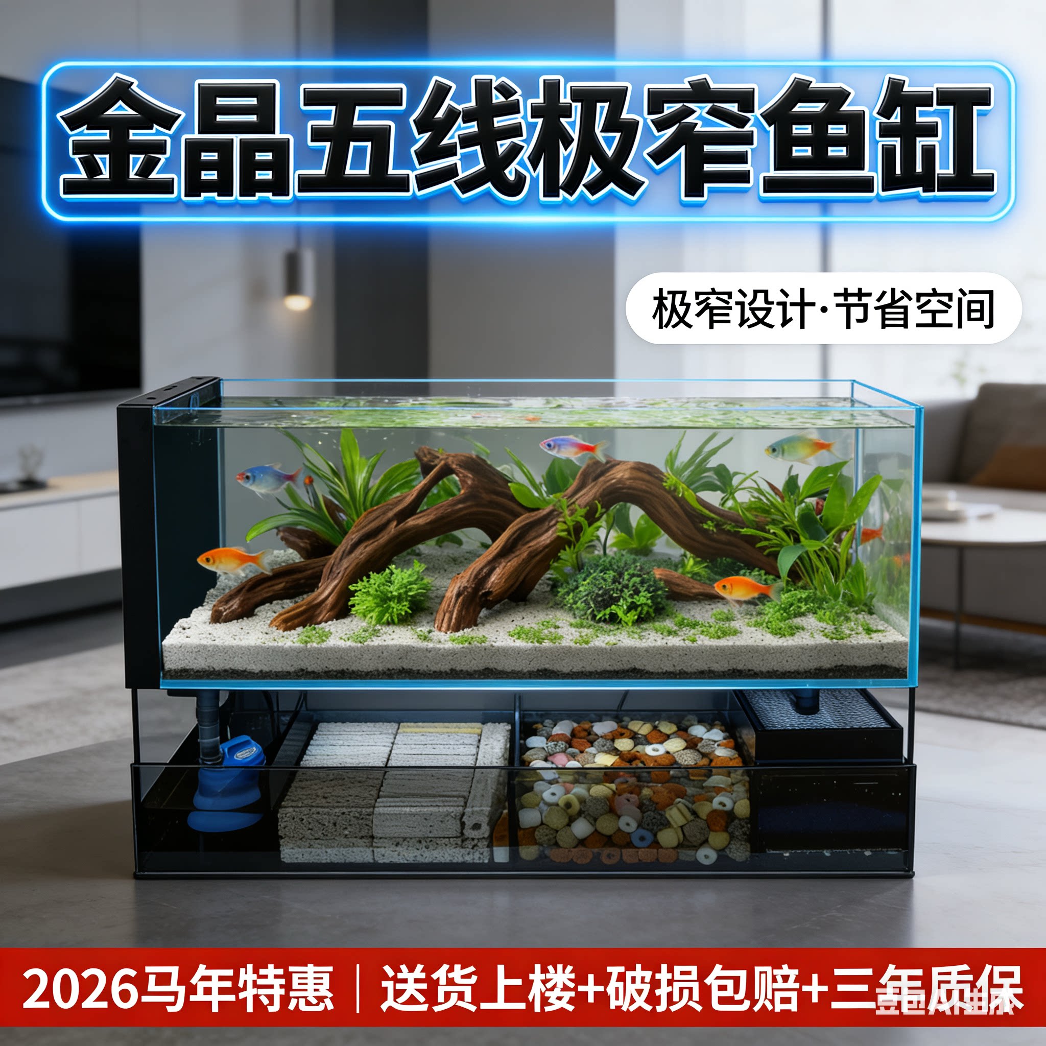 超白金晶玻璃极窄鱼缸缸过滤制氧一体机底滤家用客厅2026新款溪流