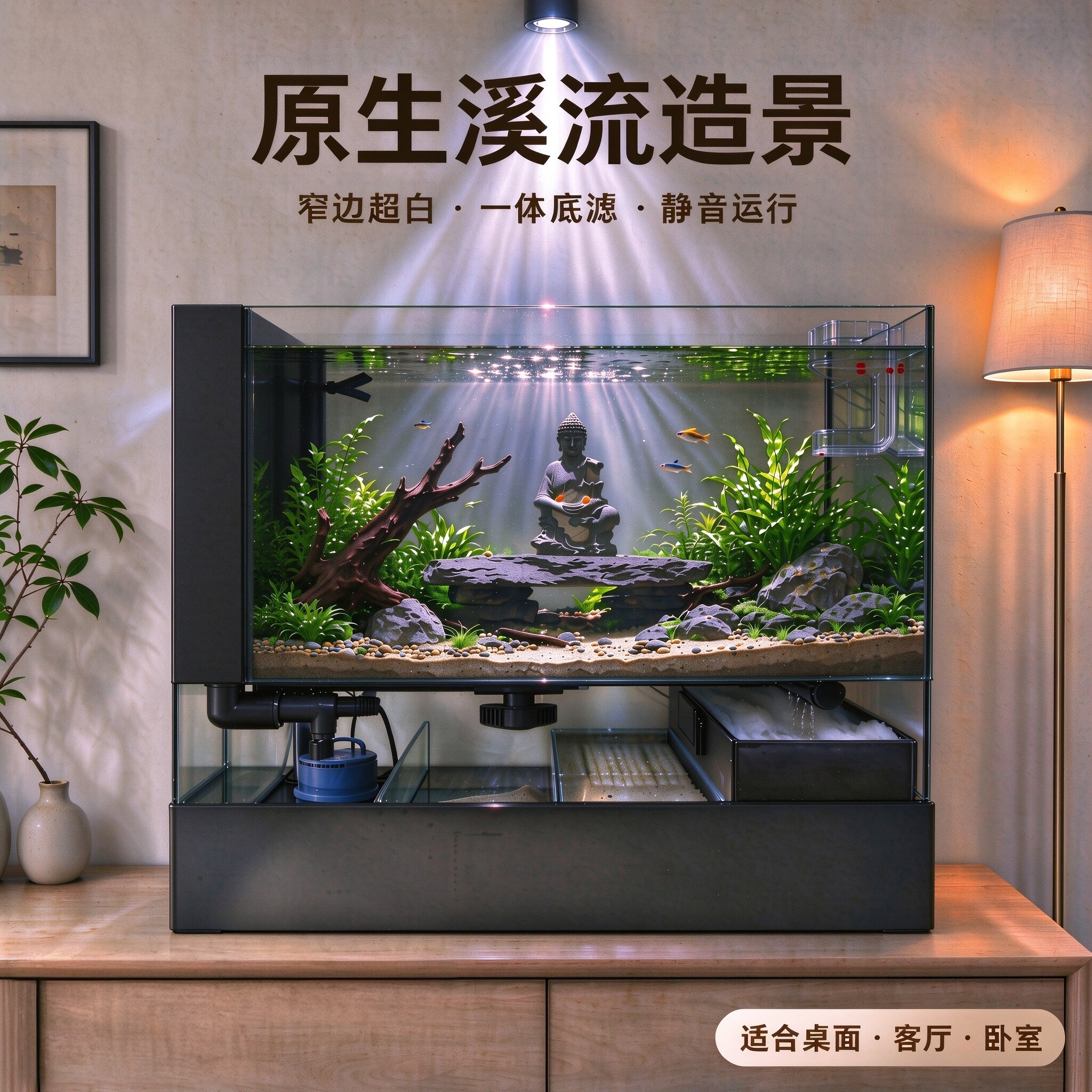 超白金晶玻璃极窄鱼缸缸过滤制氧一体机底滤家用客厅2026新款溪流