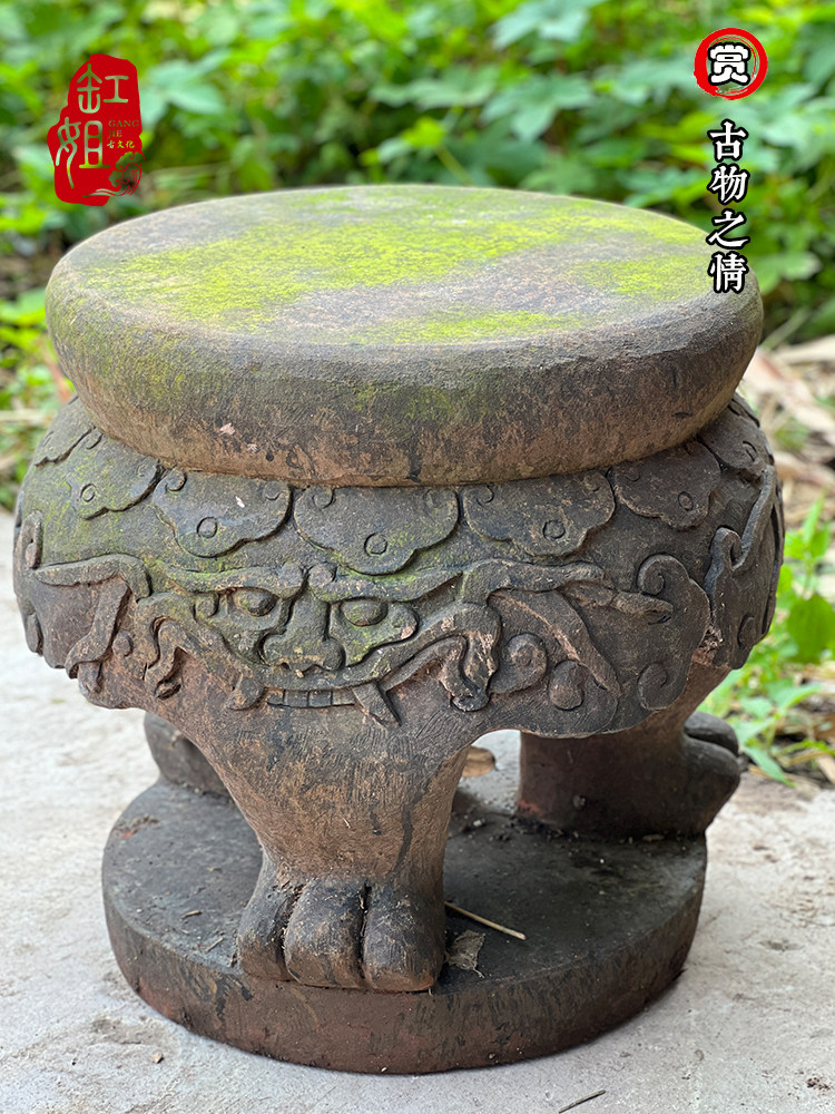 庭院镇宅风水石雕花架老石凳装饰柱础青石浮雕怀旧石墩柱墩子底座