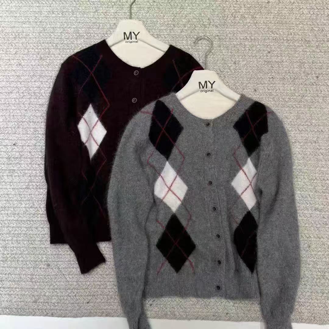 学院风菱形格拉绒开衫圆领百搭通勤