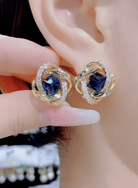 气质镶钻蓝色方糖水晶花朵耳环女高级设计感超闪精致耳钉银针耳饰