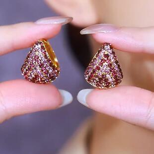高贵气质满钻紫色水滴耳扣女时尚百搭高级感耳环轻奢优雅大气耳饰