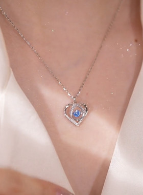 钛钢蓝色水钻跳动的心锁骨链