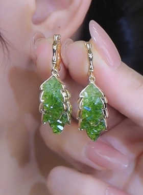 气质高级感绿色满钻树叶个性竹节耳扣2024新款耳环时尚小众耳饰女