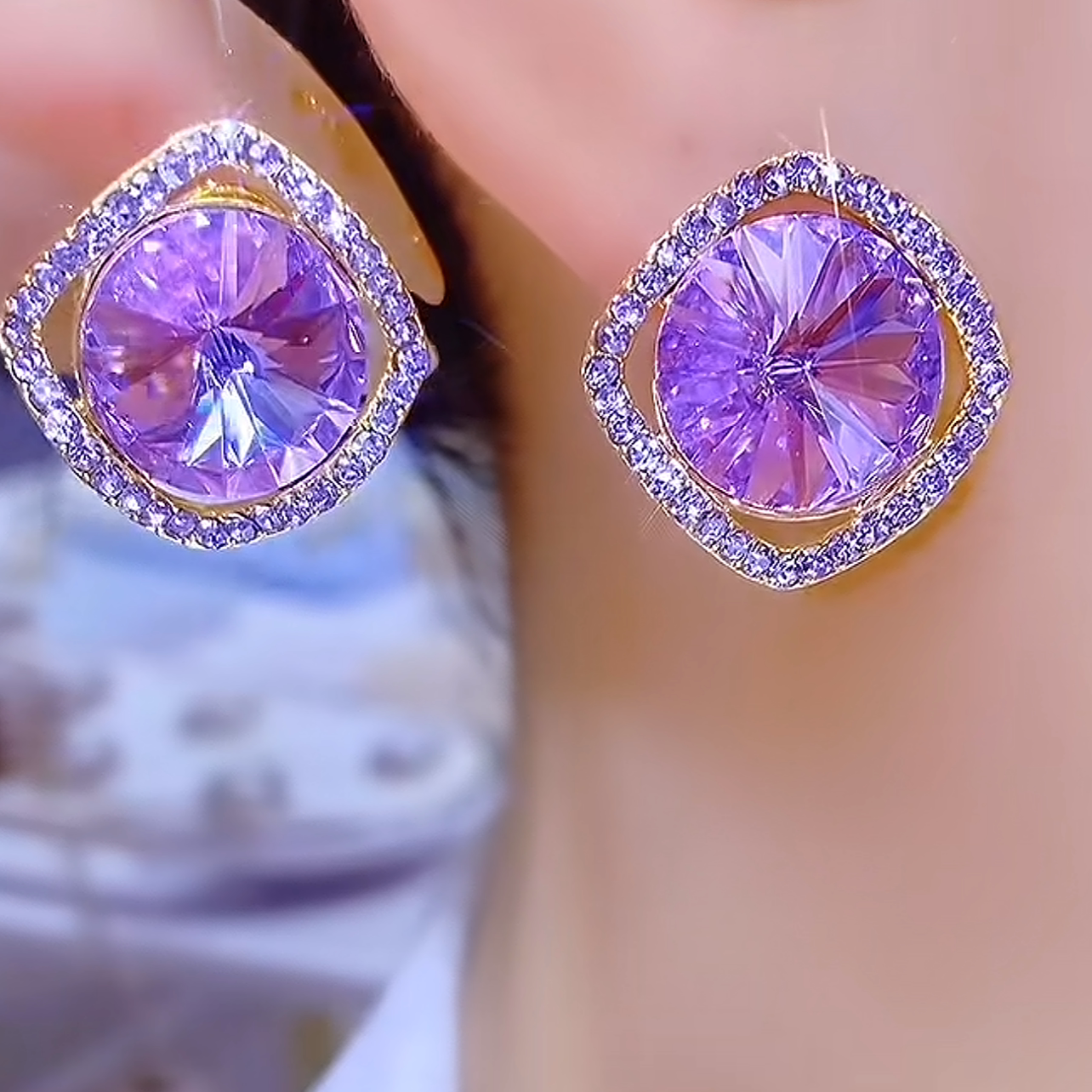 气质高级感几何菱形紫色水晶耳钉时尚百搭大气耳环网红爆款耳饰潮