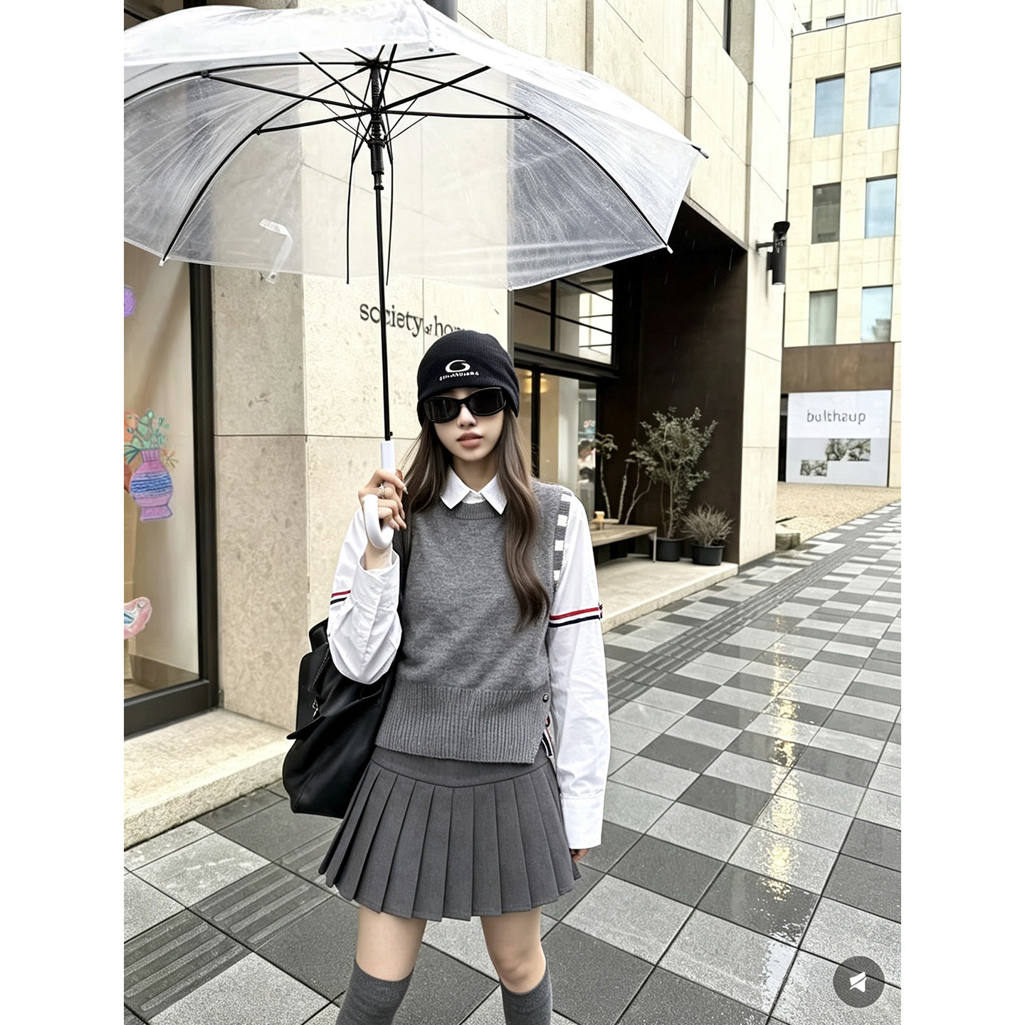 学院风针织马甲百褶裙套装女秋冬季英伦风织带衬衫三件套时尚套装