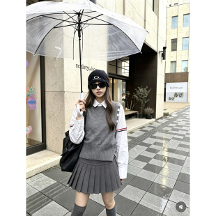 学院风针织马甲百褶裙套装女秋冬季英伦风织带衬衫三件套时尚套装