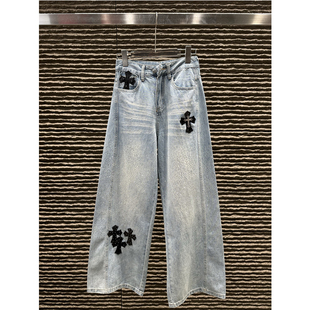 高街风十字架皮块烫钻牛仔裤女26春夏宽松显瘦百搭直筒阔腿长裤